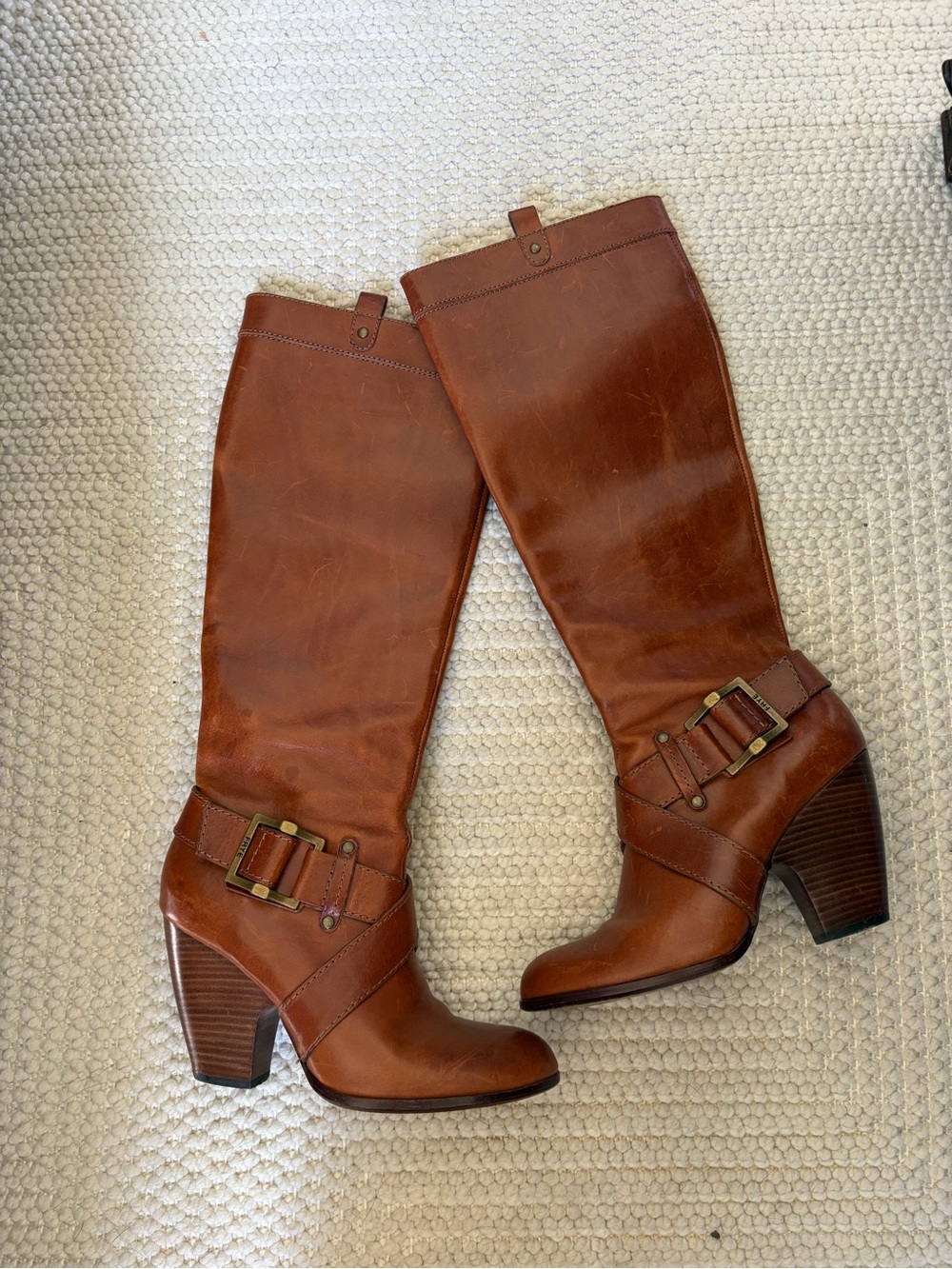 Frye Western Cognac Leather Tall Buckle brown Boots -